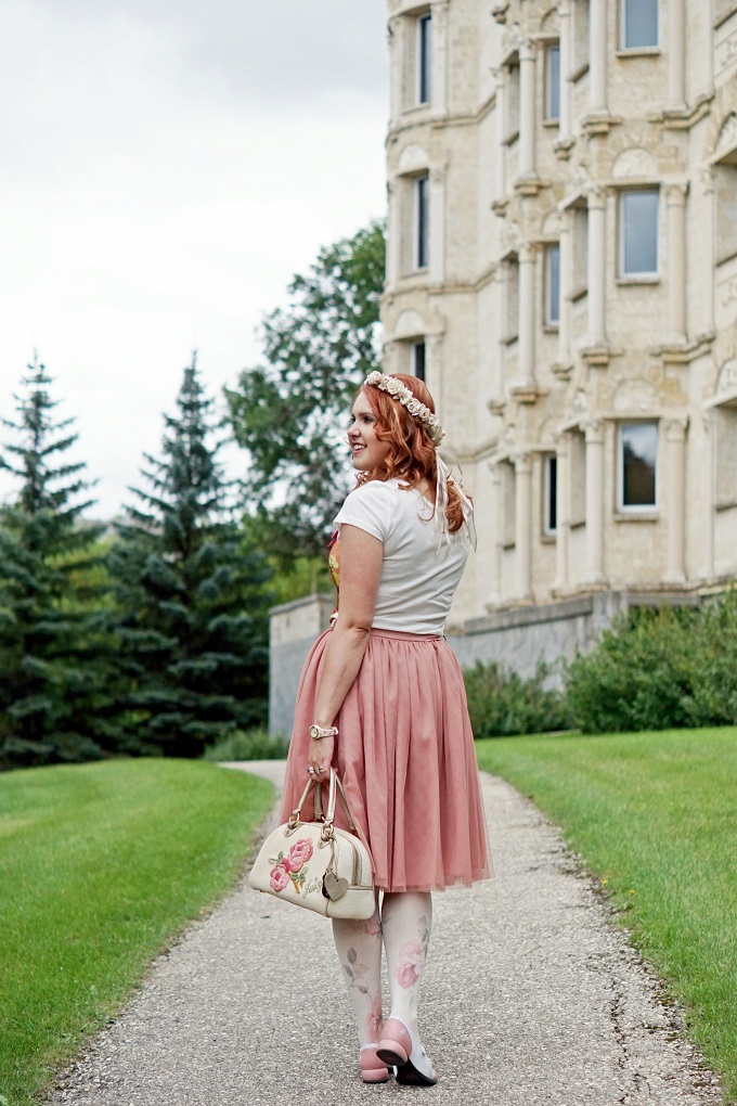 Winnipeg Style Fashion Style Consultant, Tabbisocks Reminiscence rose vintage printed tights, Comme Toi tulle dusty rose skirt, Lois Original brand floral print tshirt, Juicy Couture terry rose bowling bag, Aldo Accessories necklace, John Fluevog LE Fellowship Kathy pink white saddle shoes